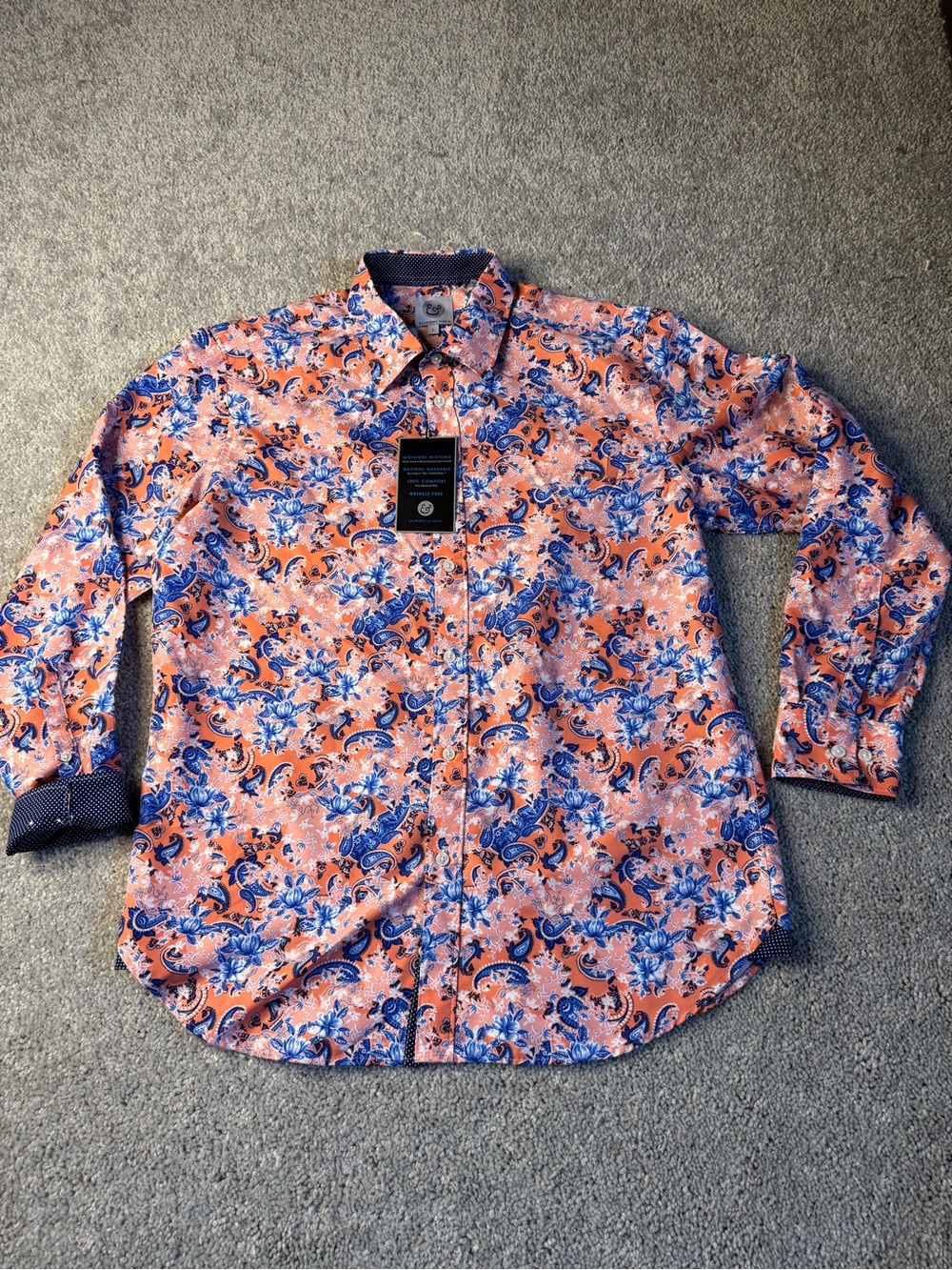 Men's Coral Floral/Paisley Button-Down Shirt with Blue